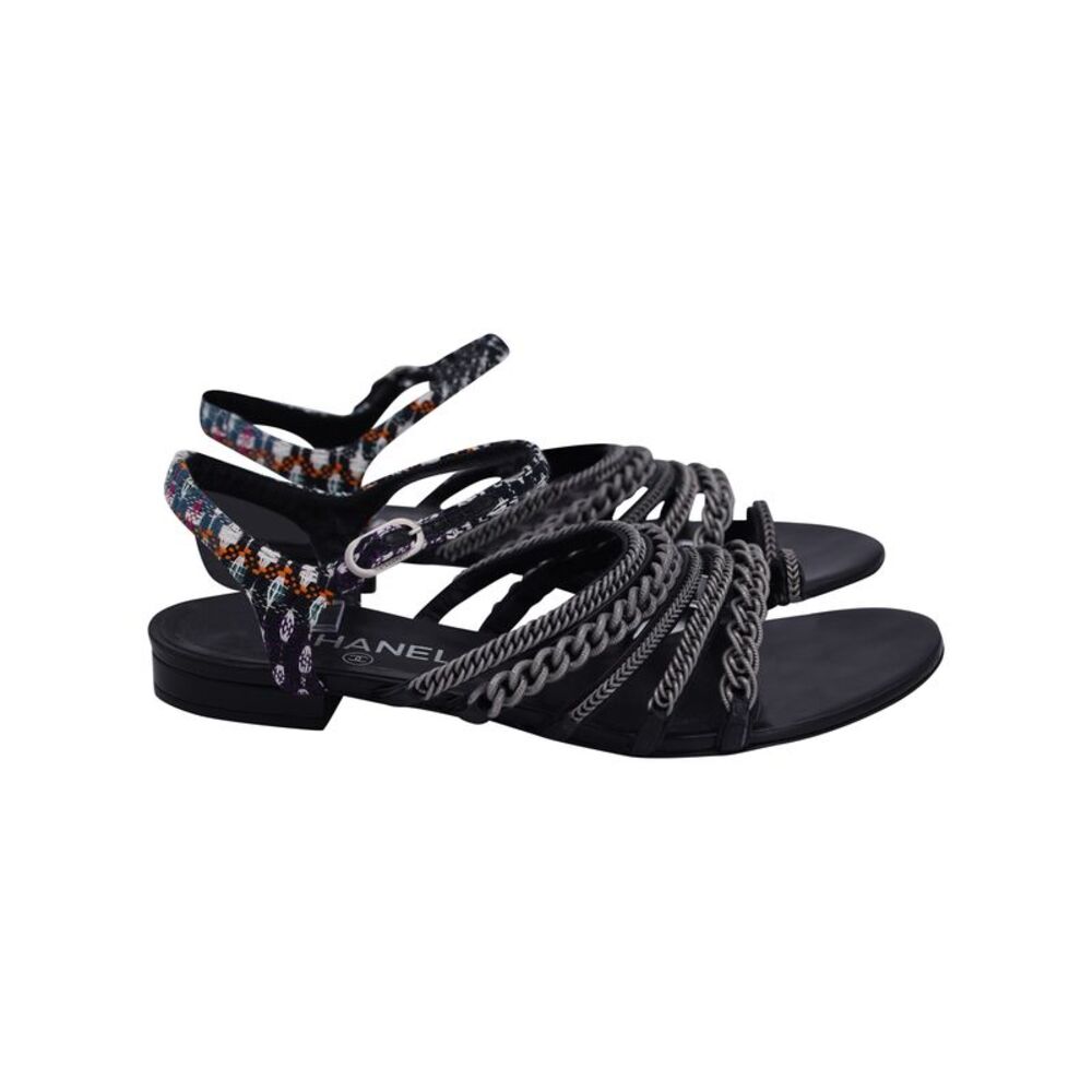 Chanel 2015 Tweed Chain-Link Sandals in Black Leather